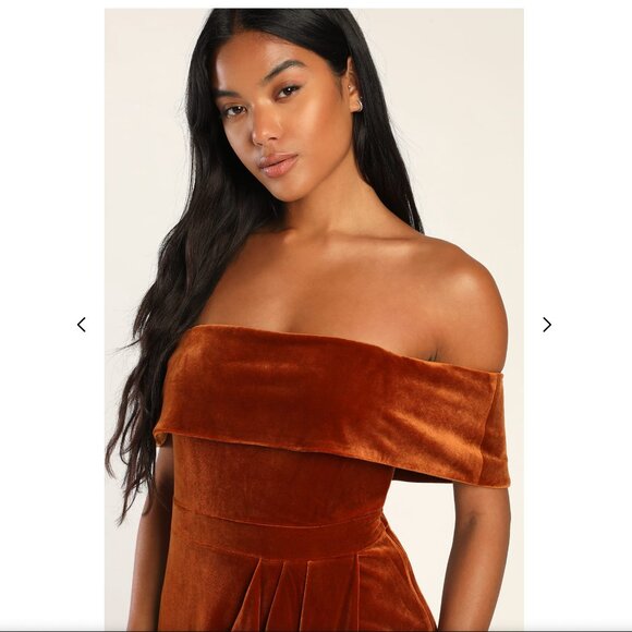 NWT Lulus I'm Enchanted Rust Orange Velvet Off-the-Shoulder Maxi Dress - Picture 2 of 5